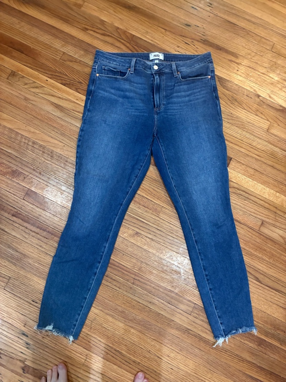 PAIGE Dark Blue High-Rise Skinny Jeans with Raw Hem